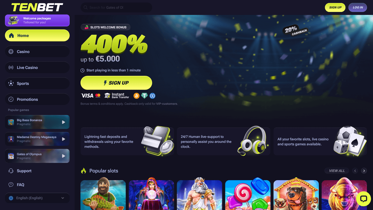 TenBet Casino Skärmdump för dator